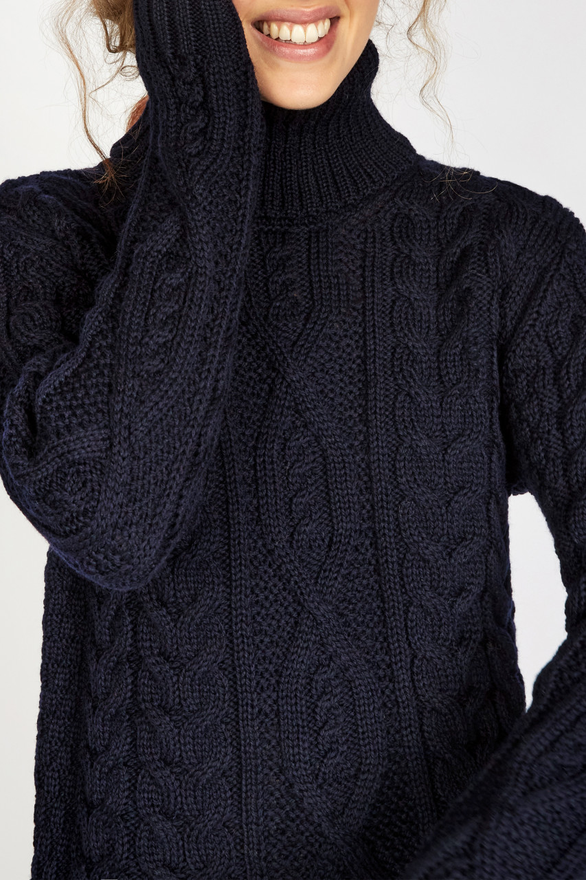 IrelandsEye Aran Pullover Juniper Damen Dunkelblau Navy Rollkragen