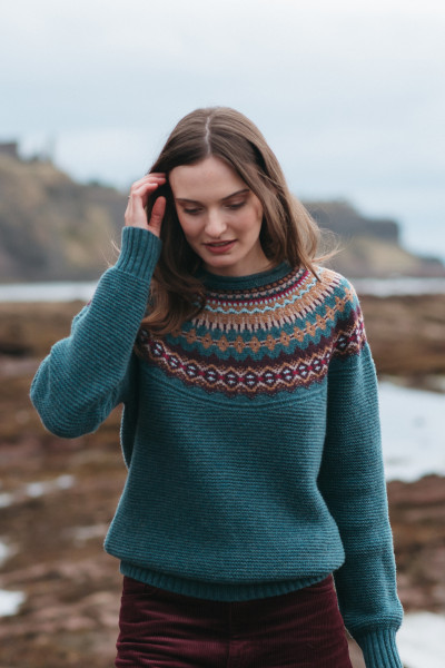 ERIBÉ Pullover Stoneybrek Damen Petrol Grün Braun Rot Fairisle