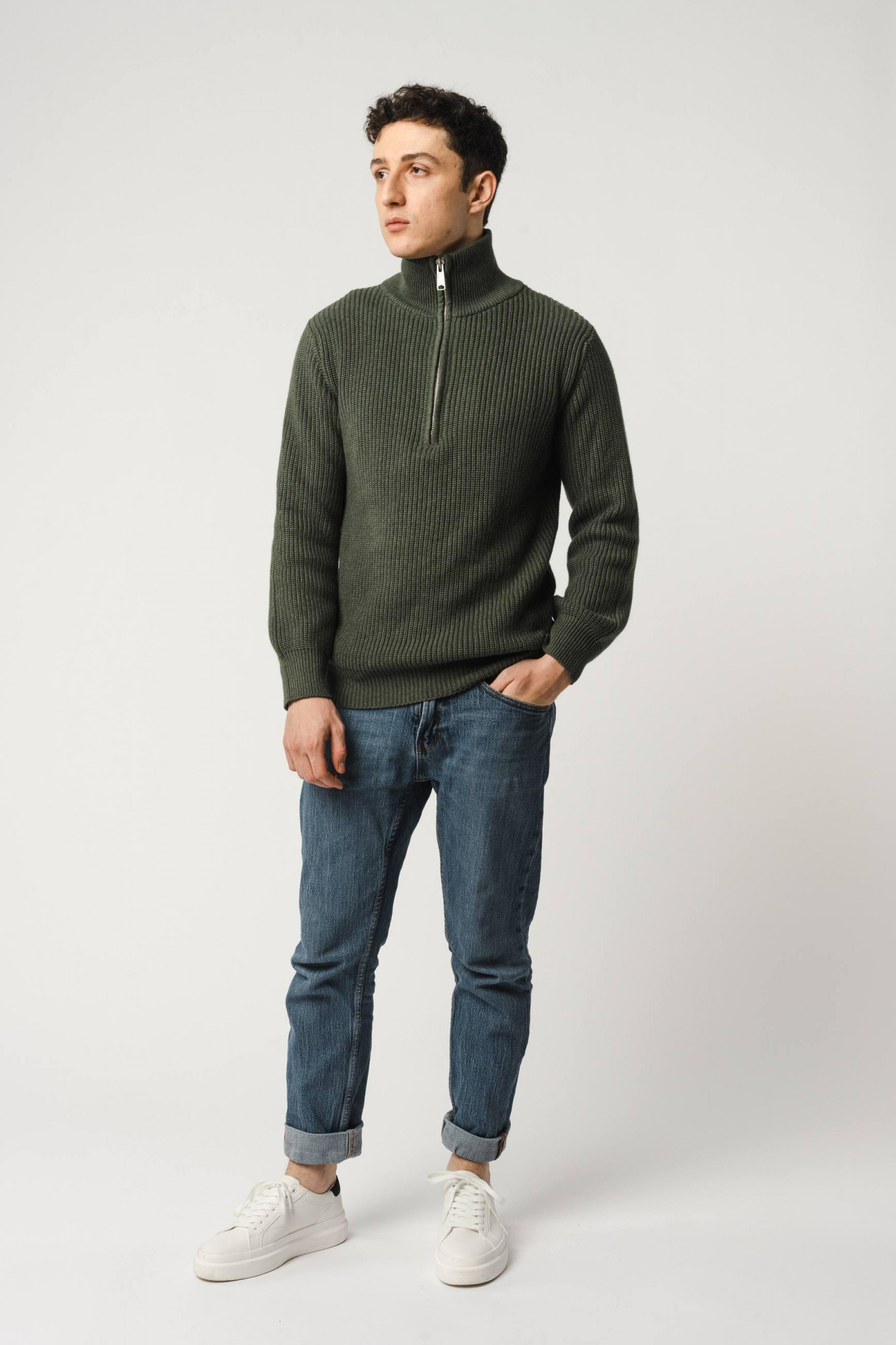 MELA Rippstrick Troyer UDAI Pullover Grün Melange Oliv Meliert Baumwolle