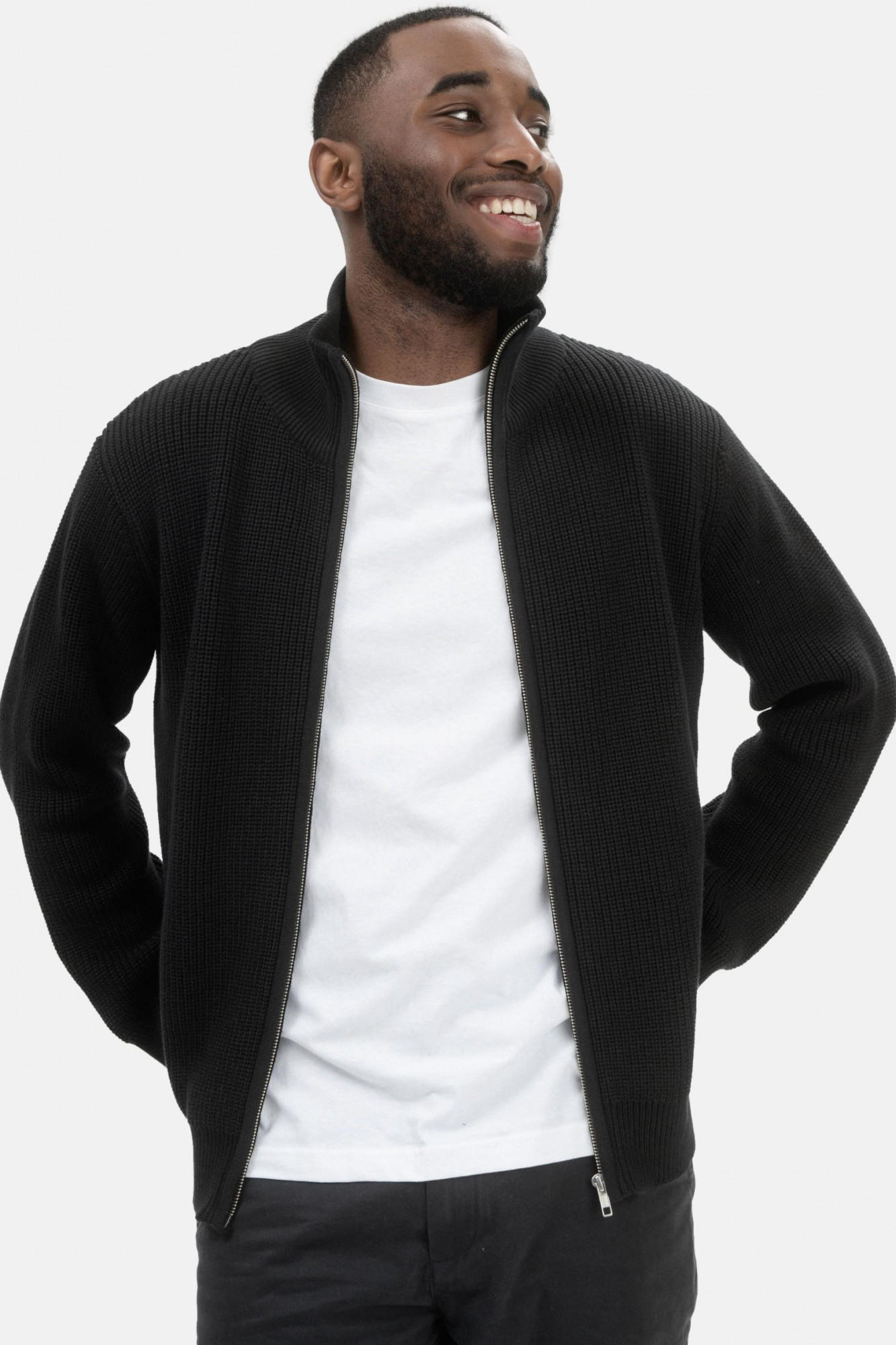 MELA Strickjacke TAKSH Herren Schwarz Baumwolle Stehkragen Troyer GOTS Organic