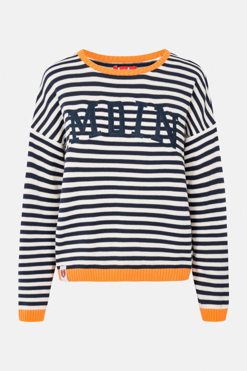 Derbe Moin Striped Damen Pullover Navy Sun Orange Blau Weiß Orange Gestreift Strickpullover Baumwoll