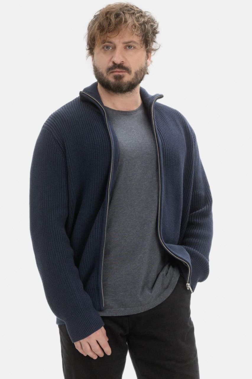 MELA Rippstrick Strickjacke TAKSH Herren Blau Navy Baumwolle Stehkragen Troyer GOTS Organic
