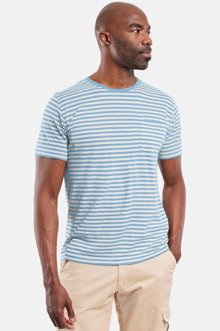 Armor Lux Herren T-Shirt Hellblau Beige Gestreift Brusttasche