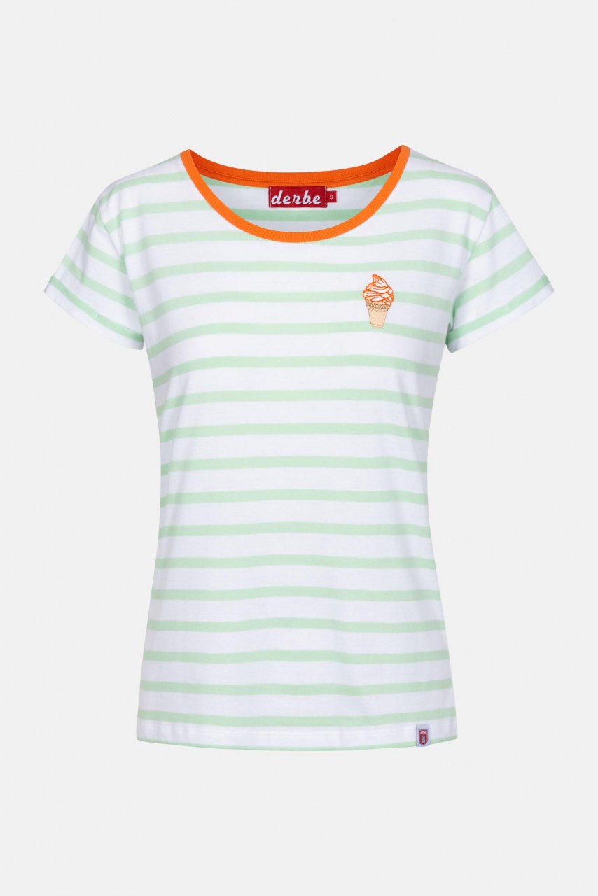 Derbe Ice Striped Damen T-Shirt Gestreift Grün Orange Eis