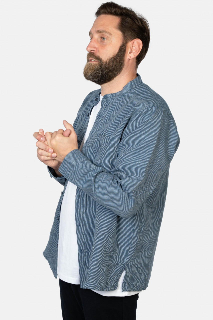 Hanseheld Leinenhemd LeinenLos! Herren Blau Gestreift Fischehemd Stehkragen