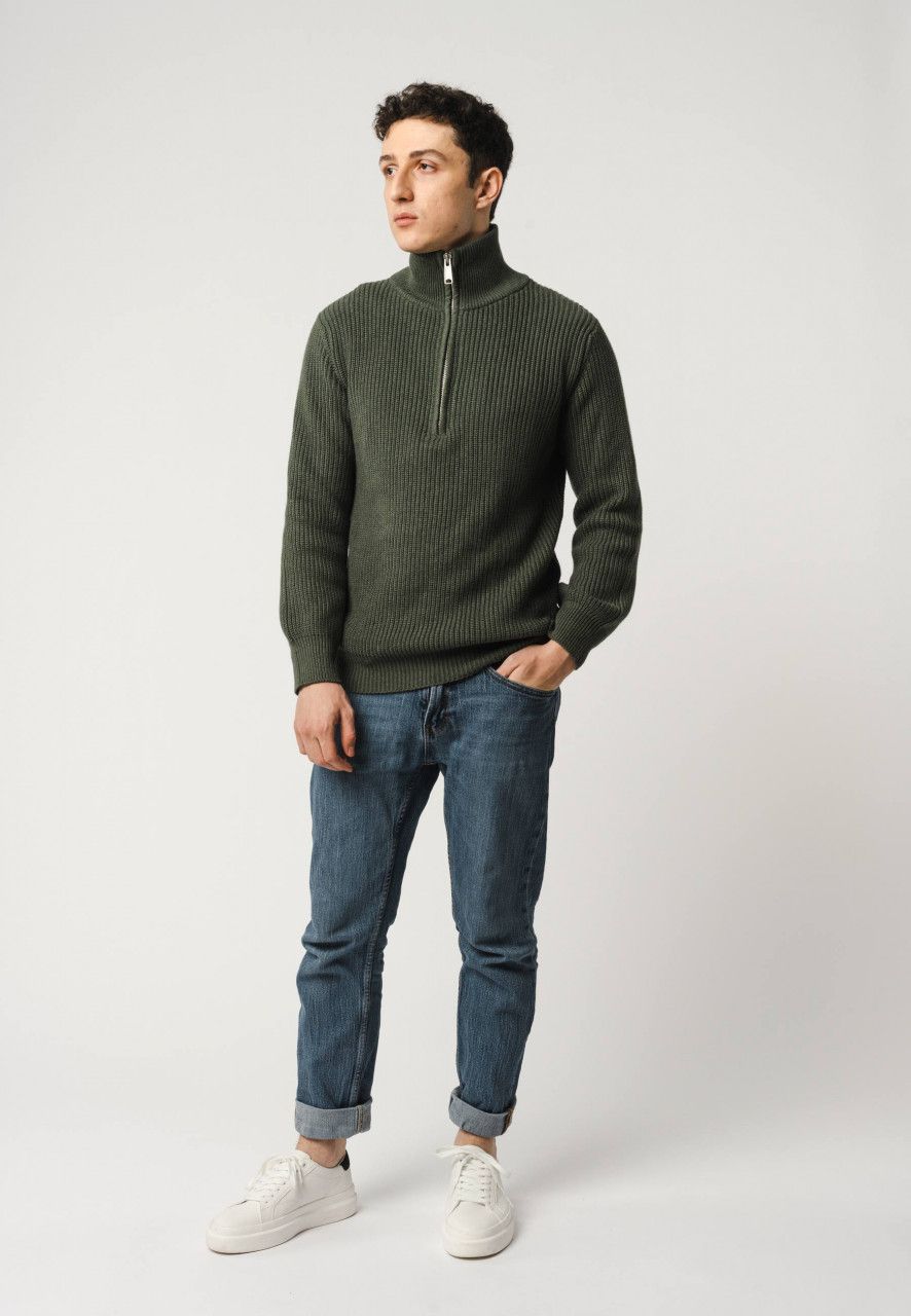 MELA Rippstrick Troyer UDAI Pullover Grün Melange Oliv Meliert Baumwolle