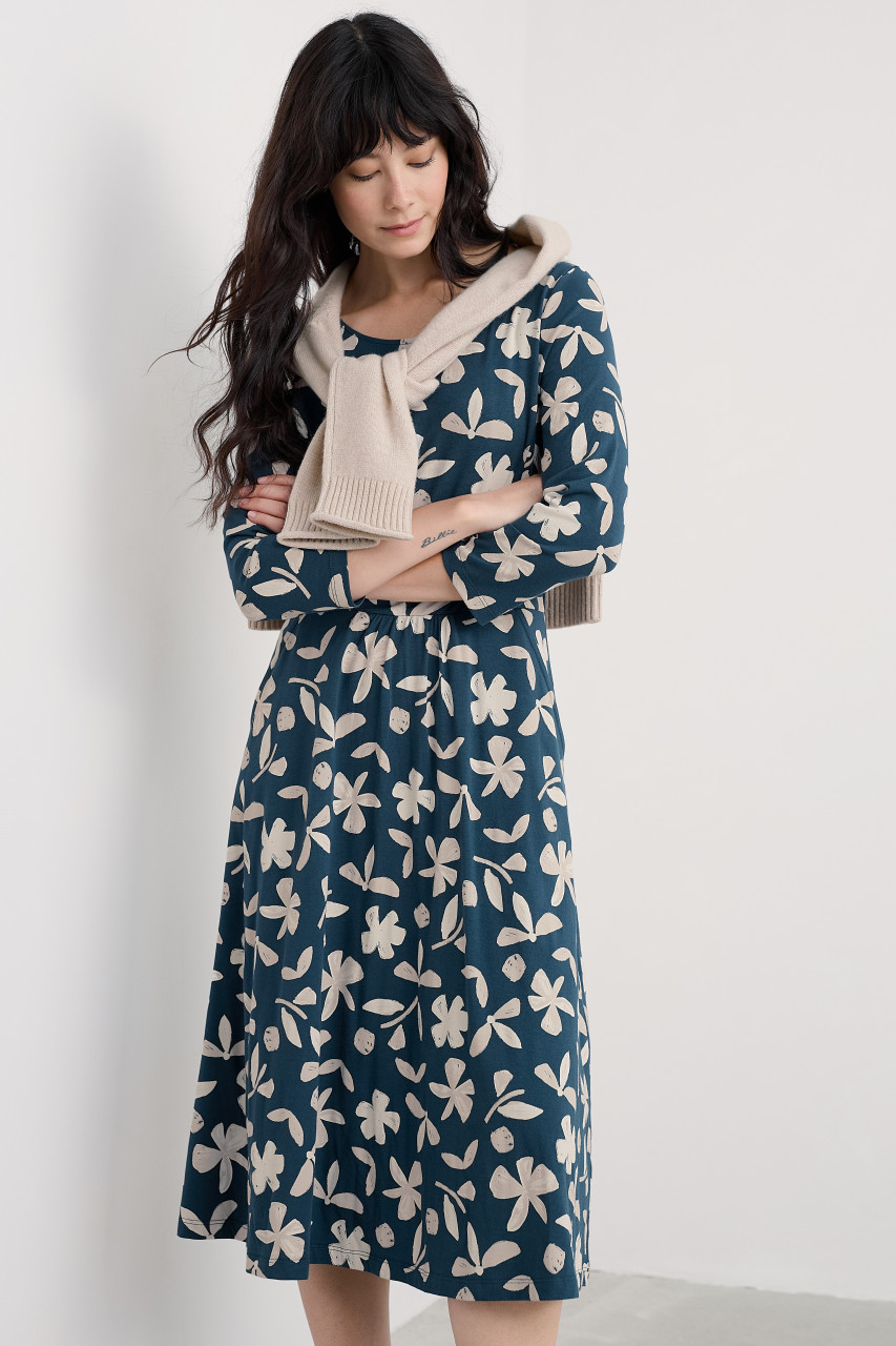 Seasalt Cornwall Kleid April Dress Organic Damen Petrol Beige Blätter und Blüten
