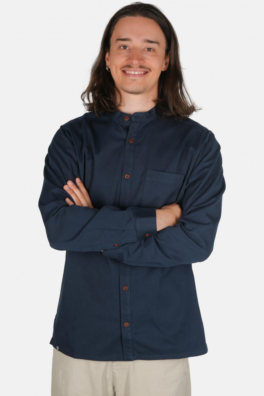 Hanseheld Stehkragen-Hemd Herren Navy-Blau Baumwolle GOTS Organic