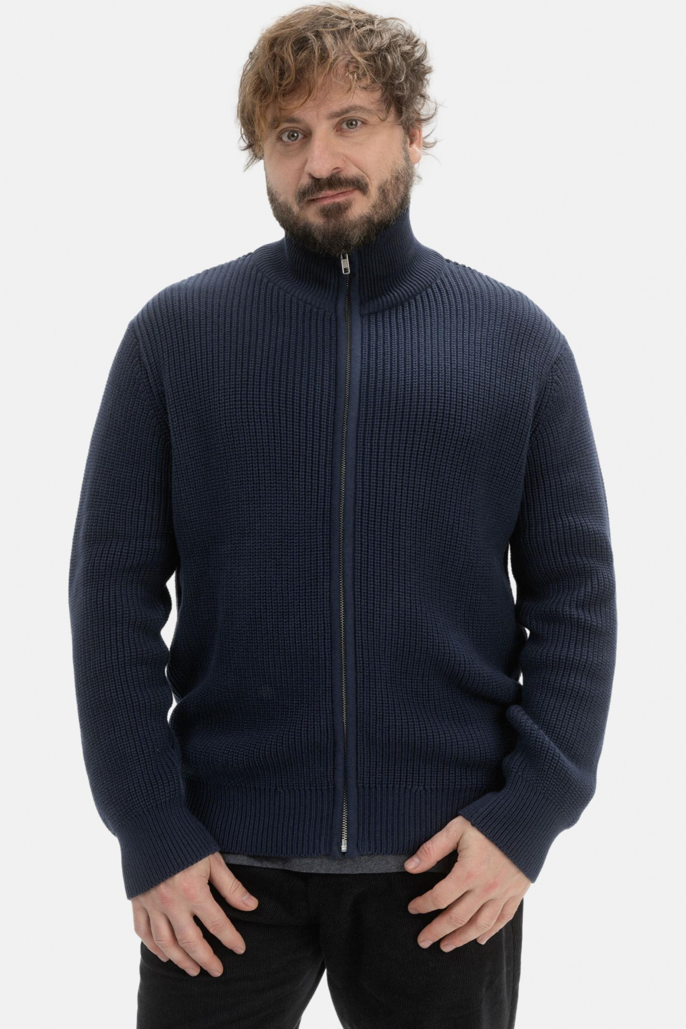 MELA Rippstrick Strickjacke TAKSH Herren Blau Navy Baumwolle Stehkragen Troyer GOTS Organic