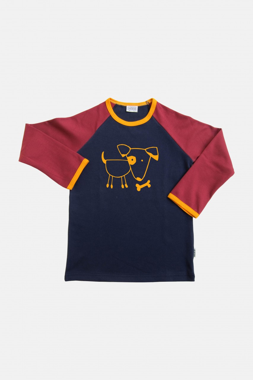 Langarm Shirt navy-bordeaux Motiv Hund mit Knochen