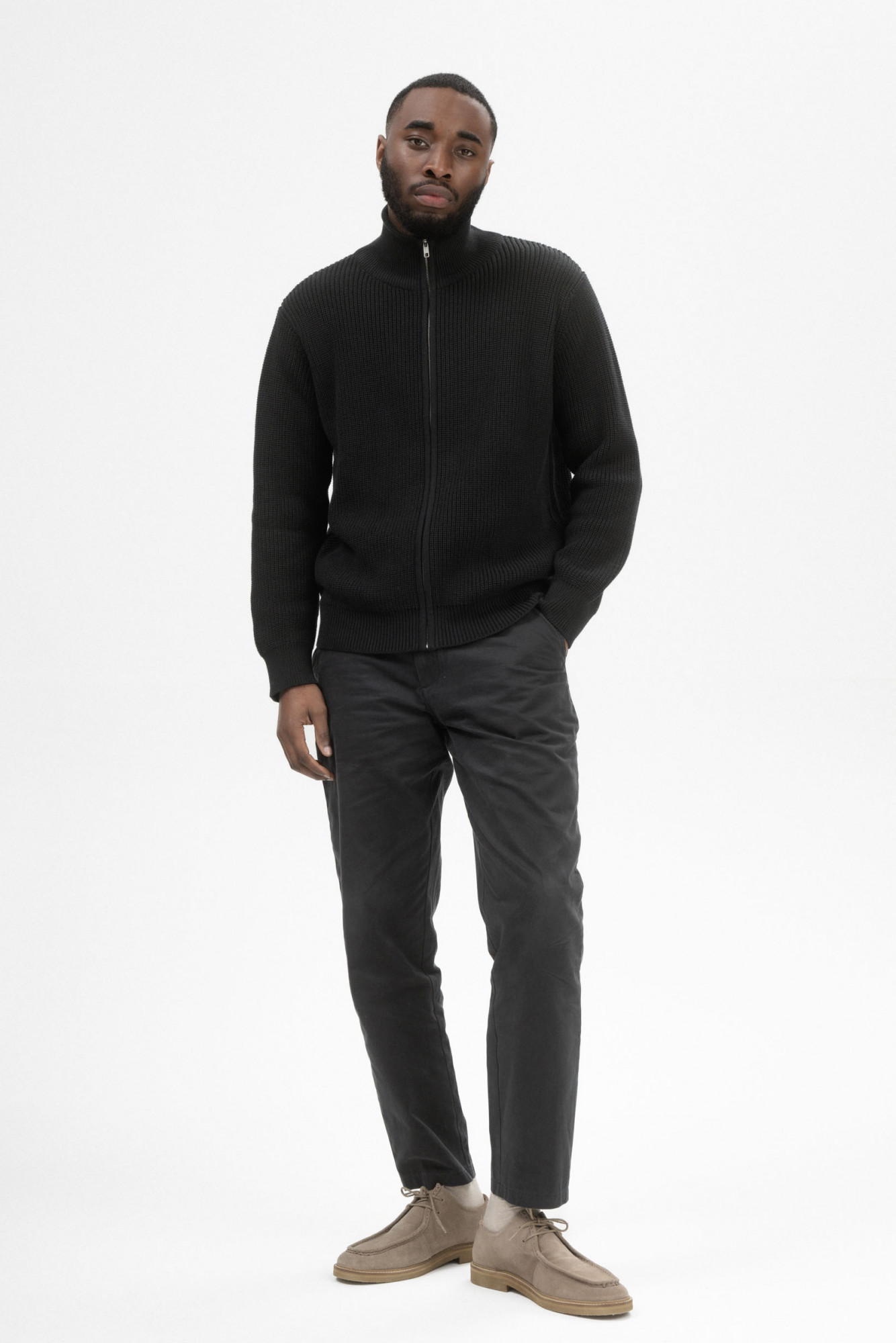 MELA Strickjacke TAKSH Herren Schwarz Baumwolle Stehkragen Troyer GOTS Organic