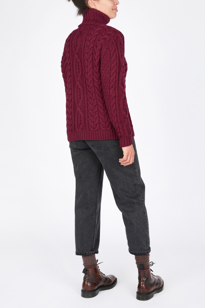 IrelandsEye Aran Pullover Juniper Damen Weinrot Claret Rollkragen