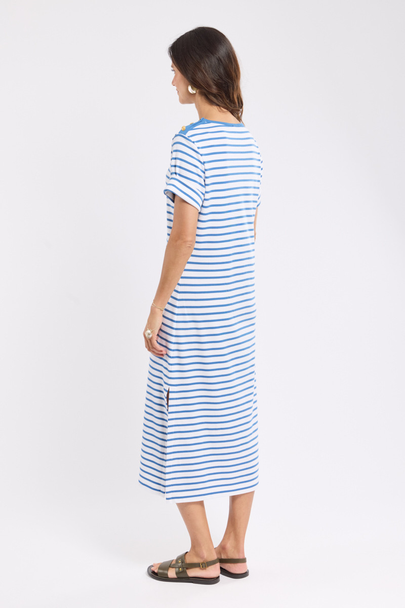 Armor Lux Kleid Damen Weiß Blau Mariniere Gestreift Schulterknöpfe