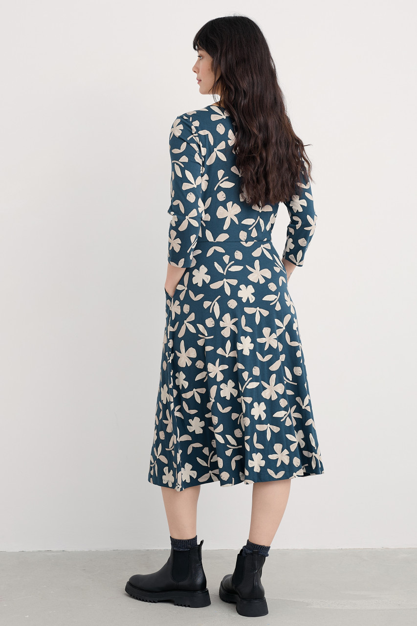 Seasalt Cornwall Kleid April Dress Organic Damen Petrol Beige Blätter und Blüten