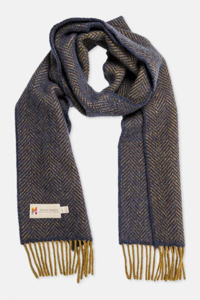 John Hanly Schal Irish Merino Kaschmir Dunkelblau Gelb Herringbone