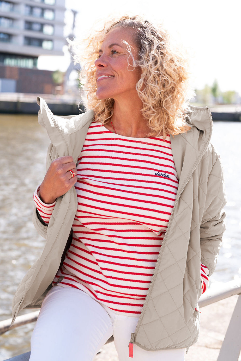 Derbe Langarmshirt Interstriped Damen Weiß Rot Streifenshirt