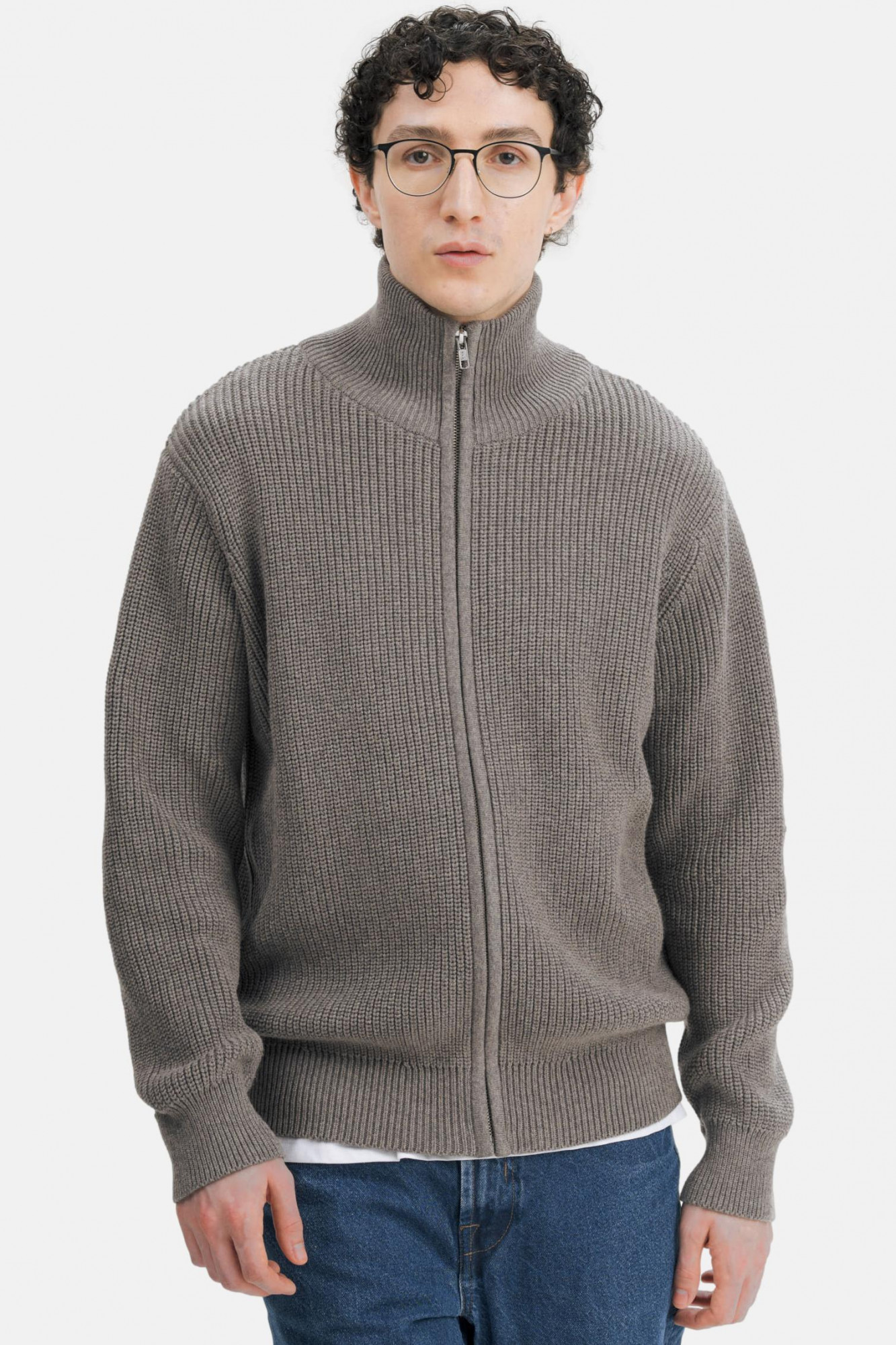 MELA Strickjacke TAKSH Herren Braun Meliert Baumwolle Stehkragen Troyer GOTS Organic