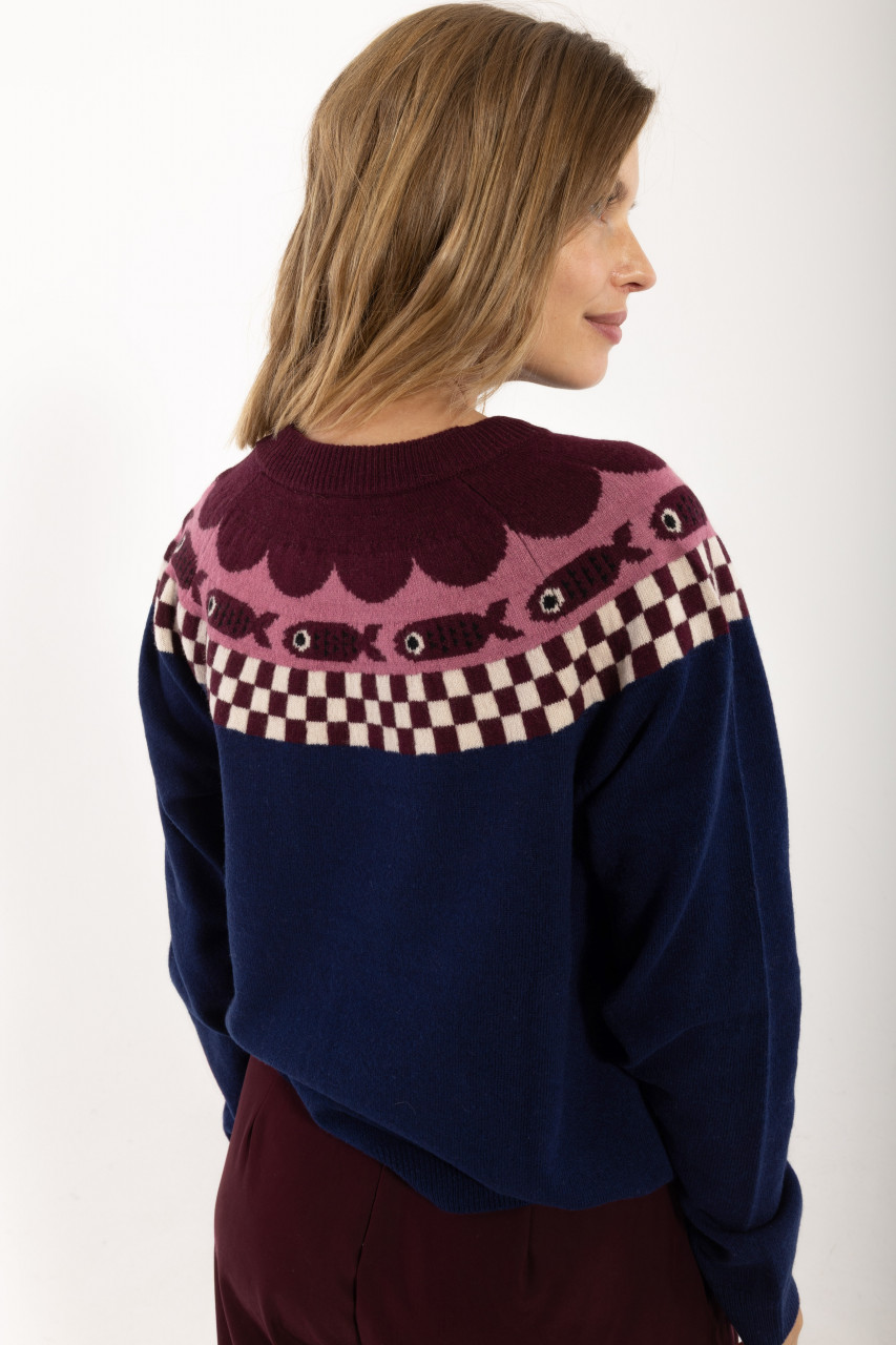Danefae Strickpullover Danesidsel Damen Blau Rosa Braun Fairisle Fisch