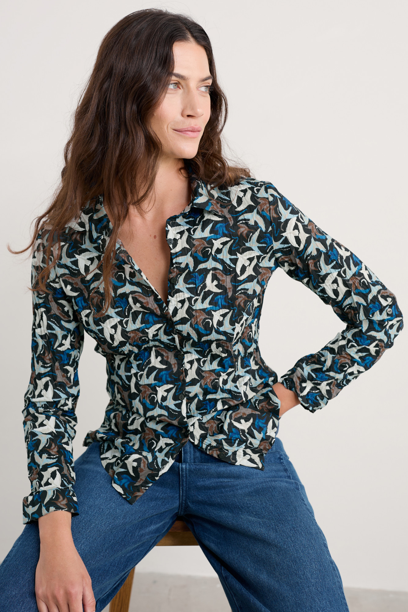 Seasalt Bluse Larissa Damen Blau Beige Vogel Swooping Birds
