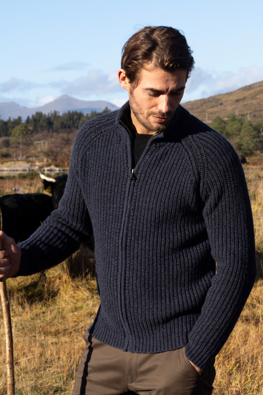 Fisherman out of Ireland Herren Strickjacke Pullover Blau Schwarz Rippstrick