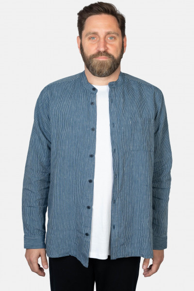 Hanseheld Leinenhemd LeinenLos! Herren Blau Gestreift Fischehemd Stehkragen