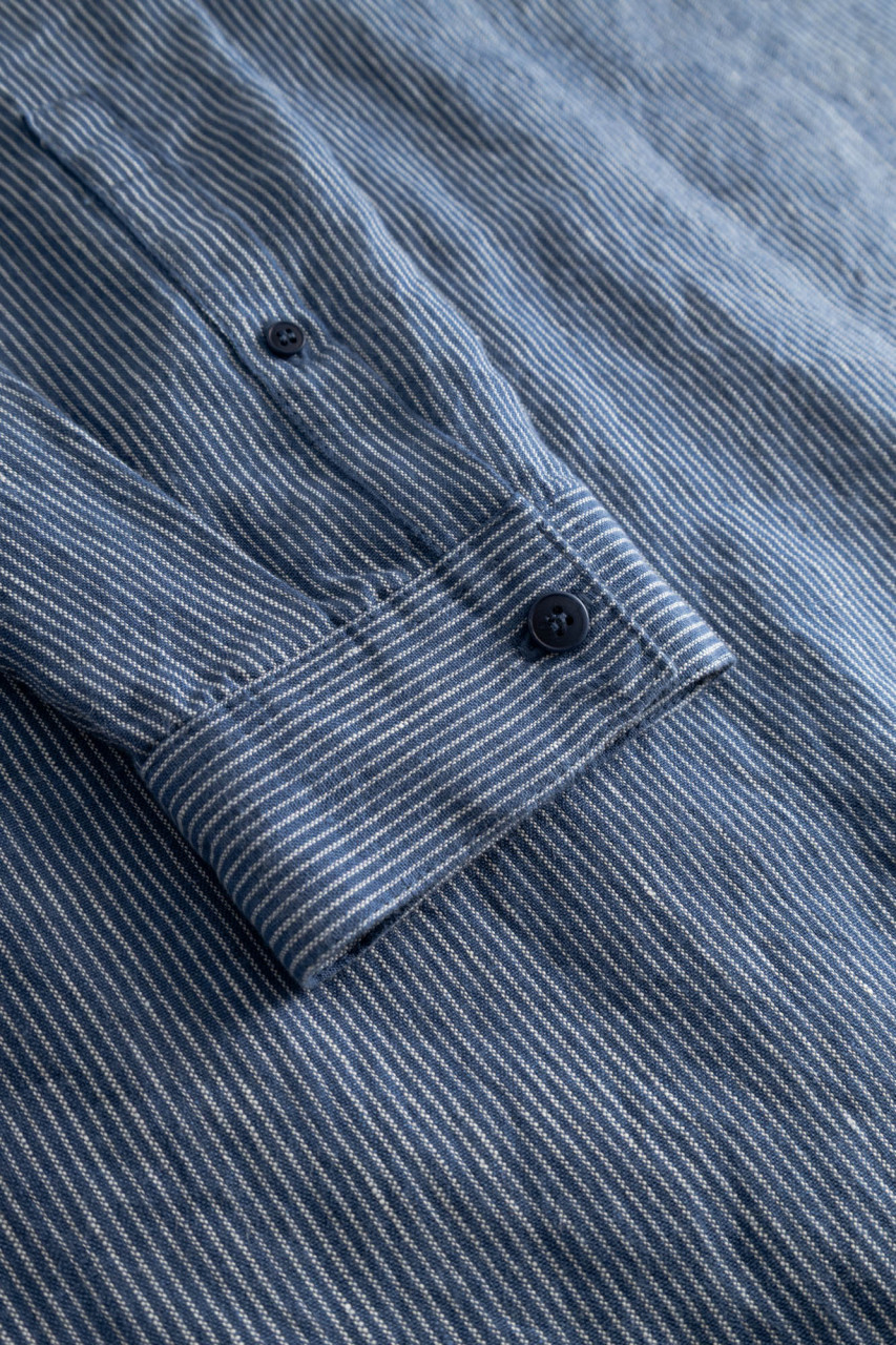 Hanseheld Leinenhemd LeinenLos! Herren Blau Gestreift Fischehemd Stehkragen