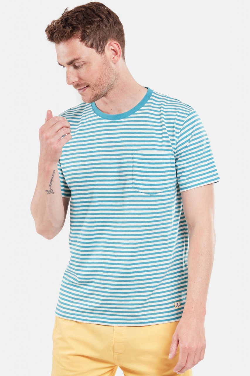 Armor Lux Herren T-Shirt Blau Türkis Beige Gestreift Brusttasche