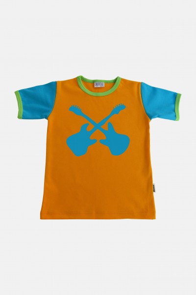Kurz-Arm-Shirt orange-türkis-apfel Motiv Gitarre