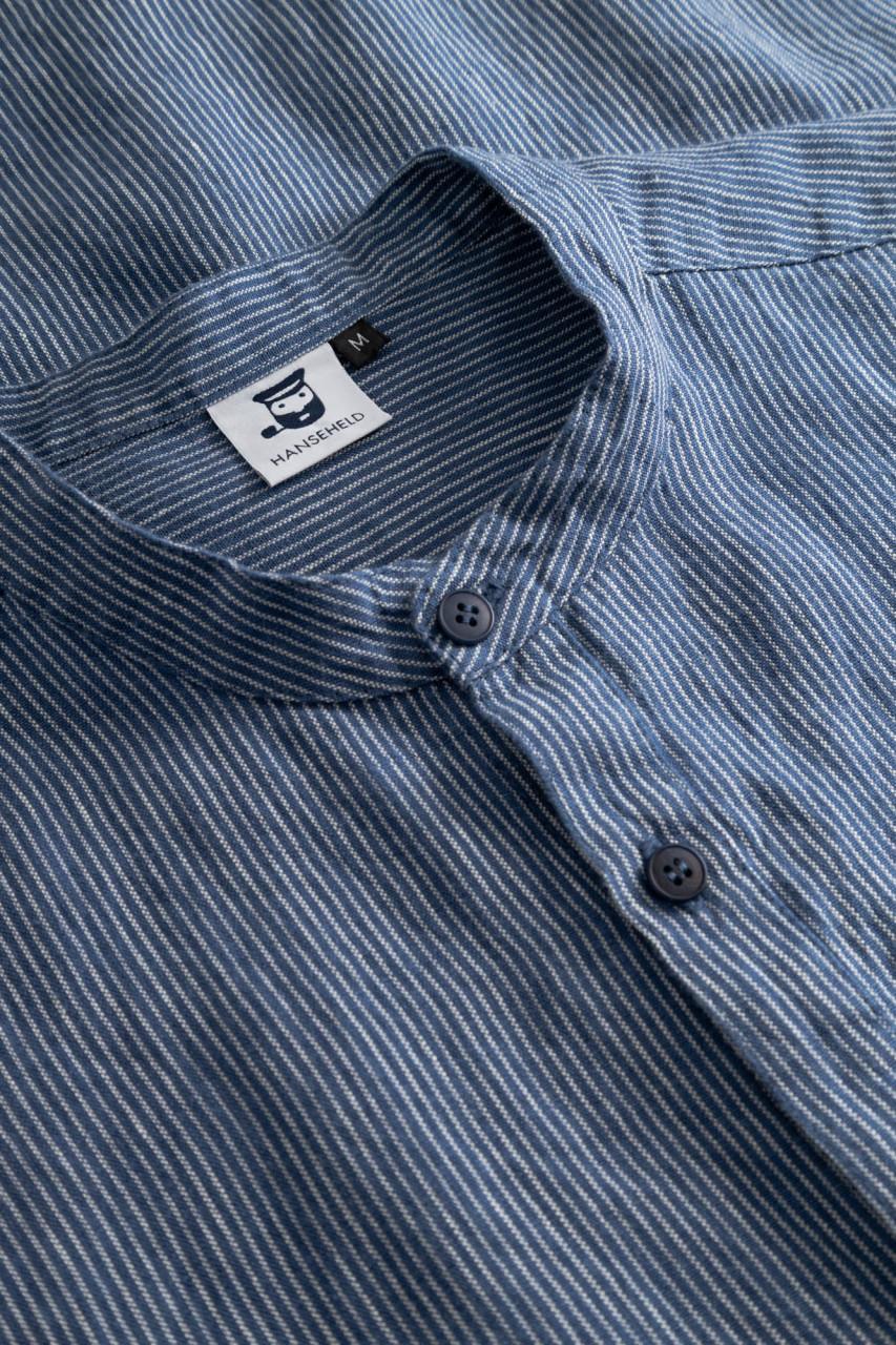 Hanseheld Leinenhemd LeinenLos! Herren Blau Gestreift Fischehemd Stehkragen
