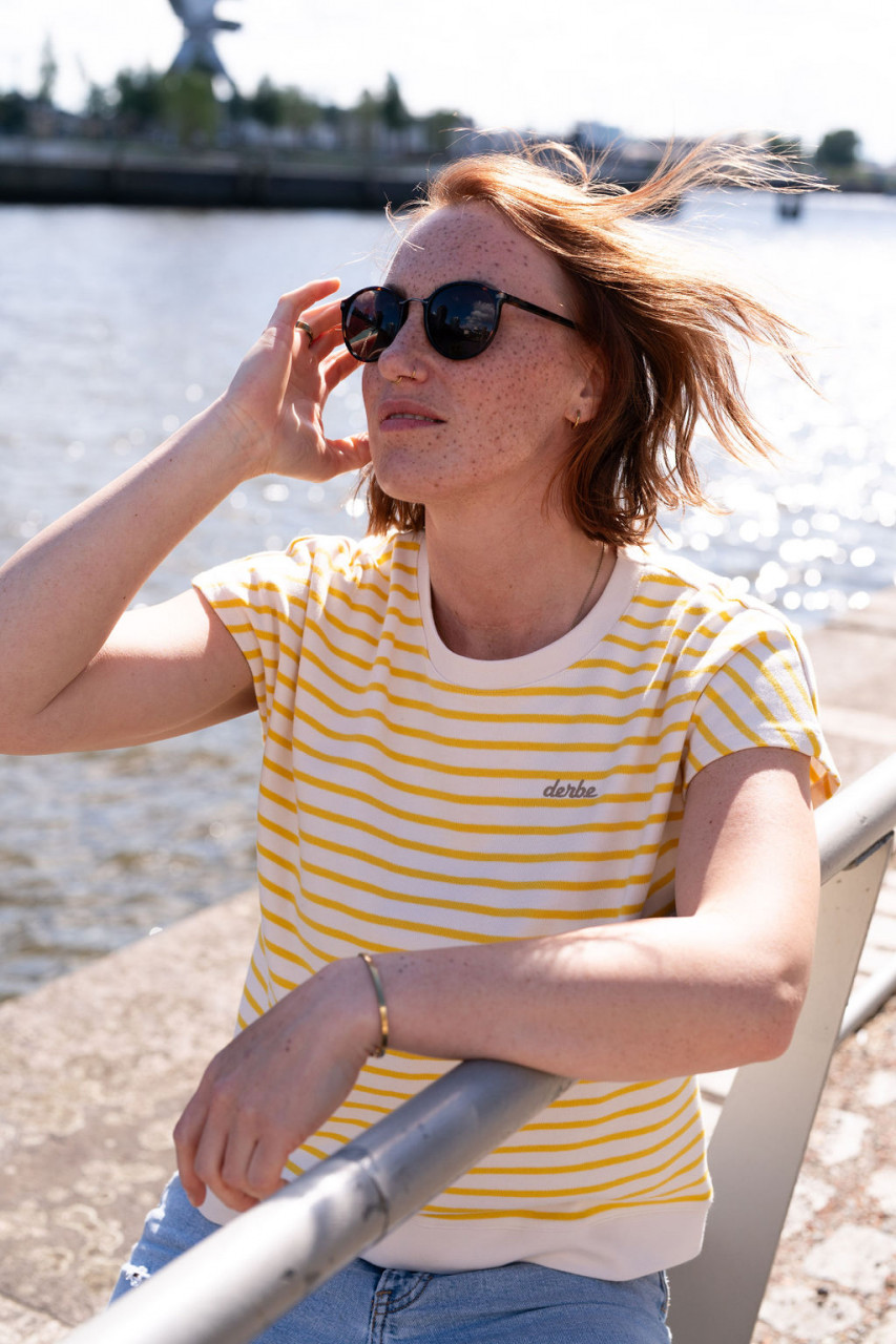 Derbe T-Shirt Interstriped Damen Weiß Gelb Streifenshirt