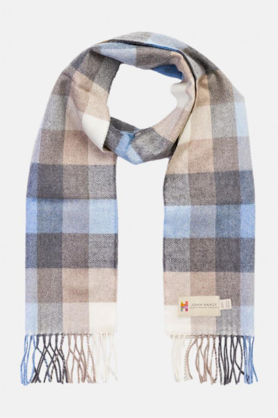 John Hanly Schal Merino Hellblau Beige Braun Karo Check