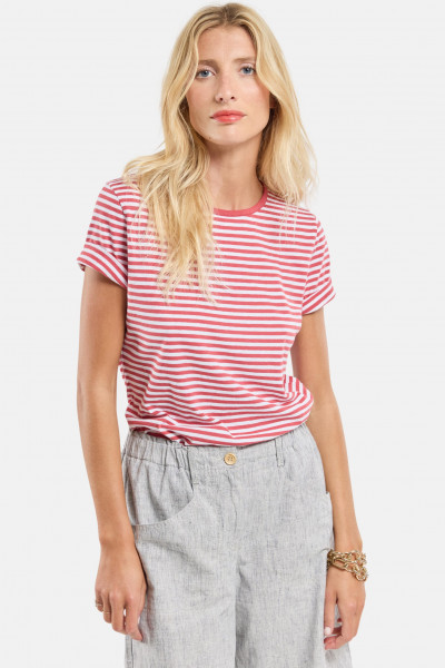 Armor Lux T-Shirt Damen Rosa Rot Weiß Leinen Mix Heritage