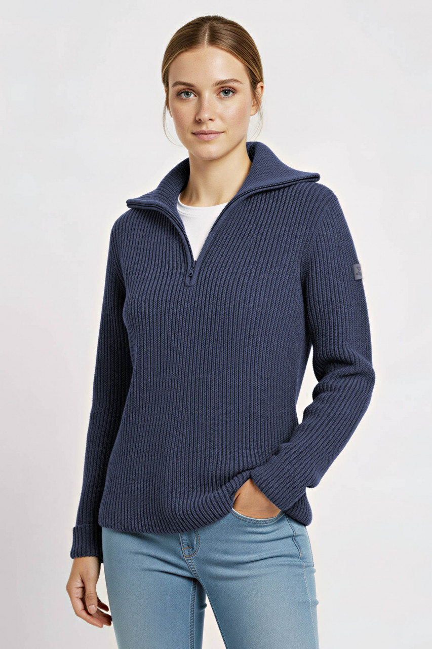 Damen Troyer Hanseheld Merino Jeans Blau GOTS Organic