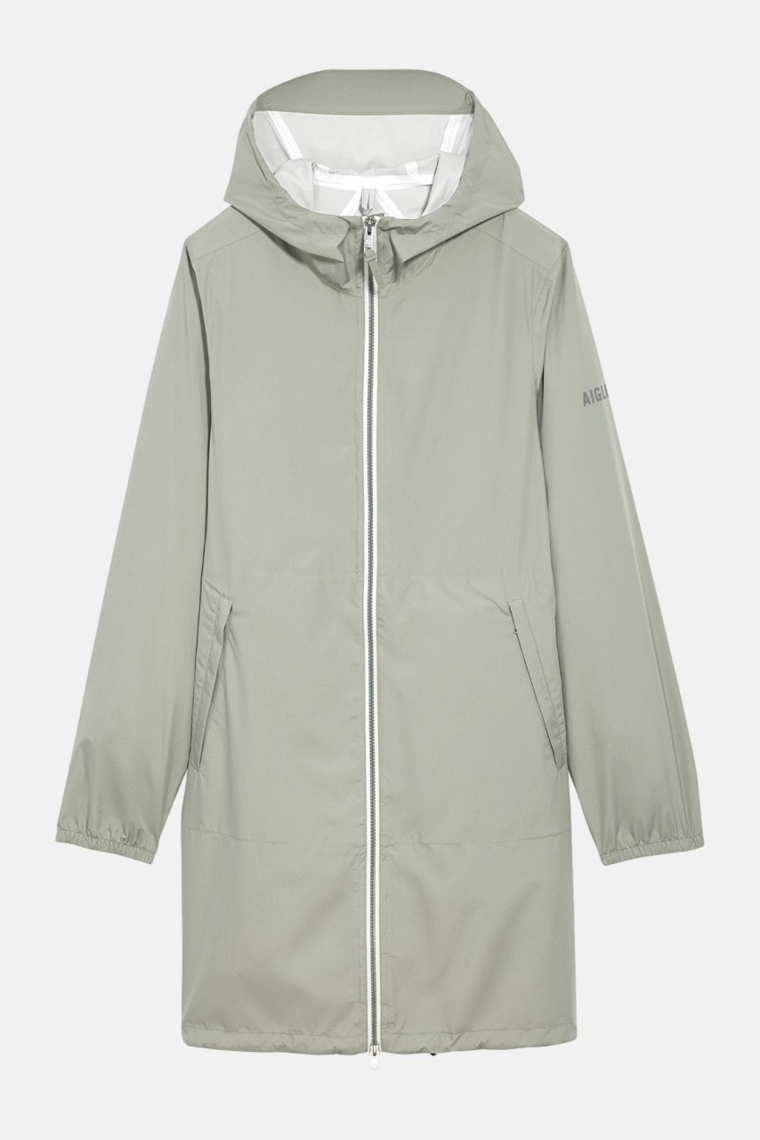 Aigle Regenjacke Hellgrün Grau Langer Parka Packbar Taupe