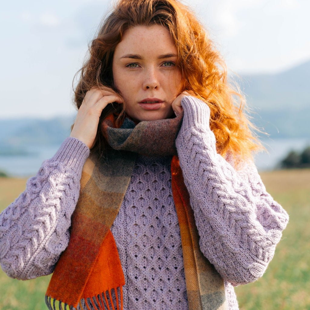 John Hanly Schal Irish Lambswool Orange Grau Beige Check