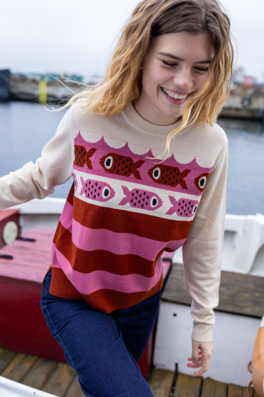 Danefae Strickpullover Danesong Damen Weiß Pink Rot Streifen Fisch