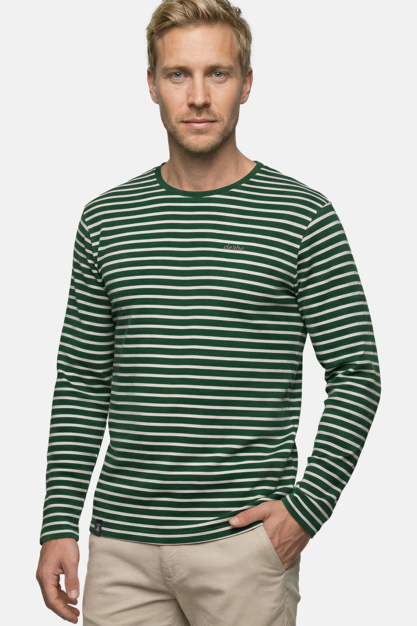 Derbe Streifenshirt Interstriped Herren Grün Weiß Langarmshirt GOTS Organic