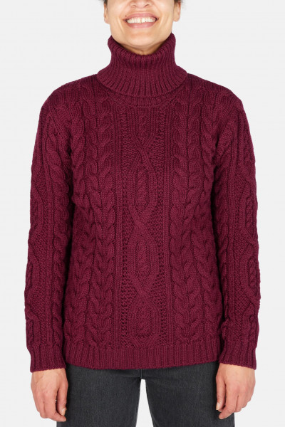 IrelandsEye Aran Pullover Juniper Damen Weinrot Claret Rollkragen