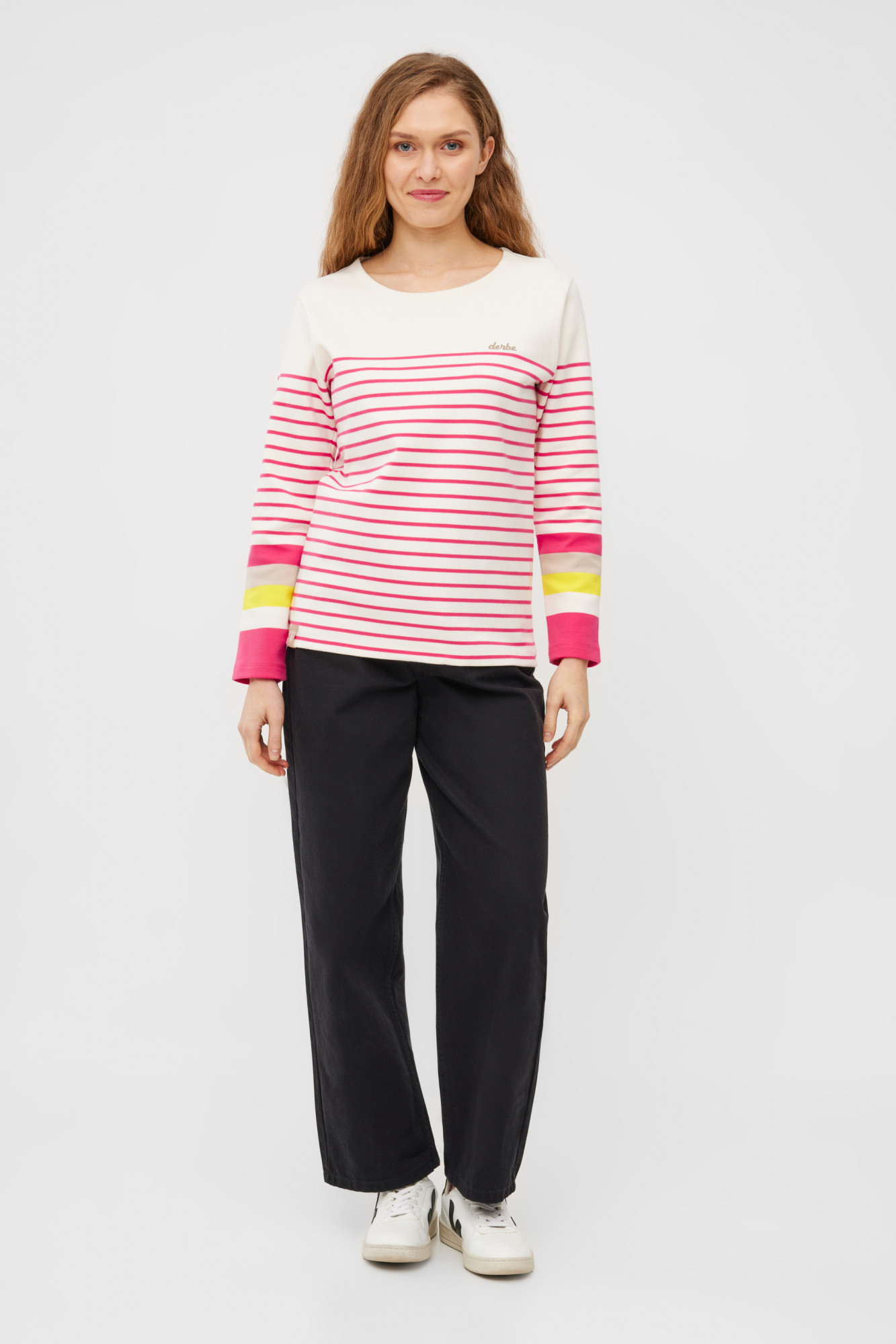 Derbe Streifenshirt Interstriped Block Damen Weiß Pink Langarmshirt GOTS Organic