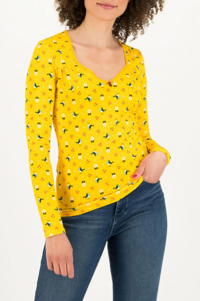 Blutsgeschwister Shirt Criss Cross Heart Longsie Cherry Picknick Damen Gelb Vögel