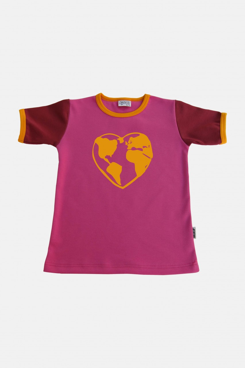 Kurzarmshirt fuchsia-bordeaux-orange Motiv Herzerde