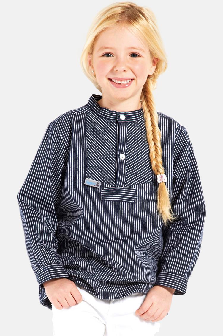 ModAS Kinder Fischerhemd Langarm - Maritim Gestreift, Baumwollmix, Stehkragen