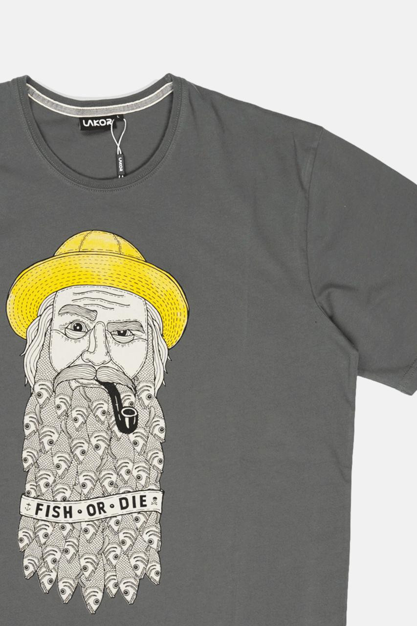 LAKOR T-Shirt Fishy Beard Herren Grau Kapitän Pfeife