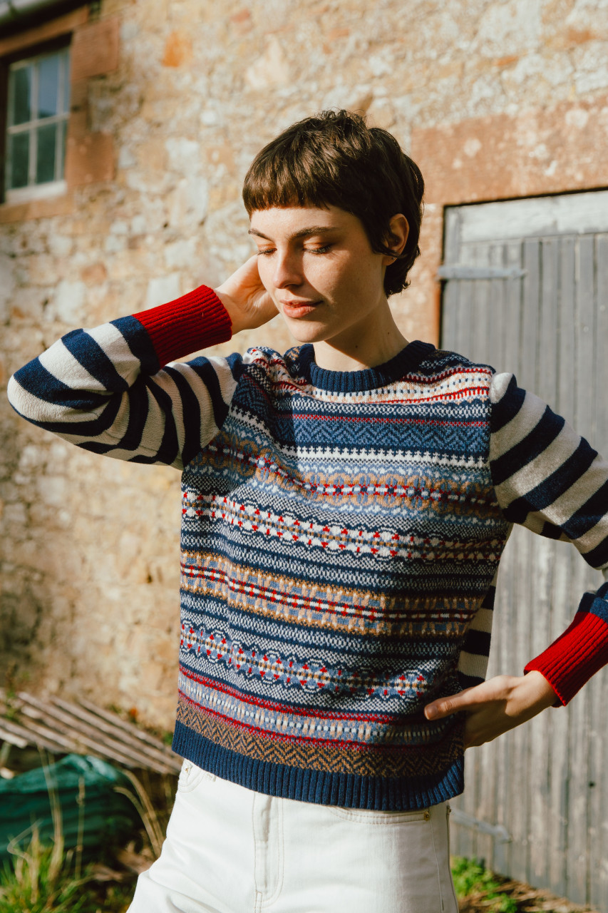 ERIBÉ Pullover Stobo Damen Blau Weiß Rot Fairisle Gestreift Wendepullover