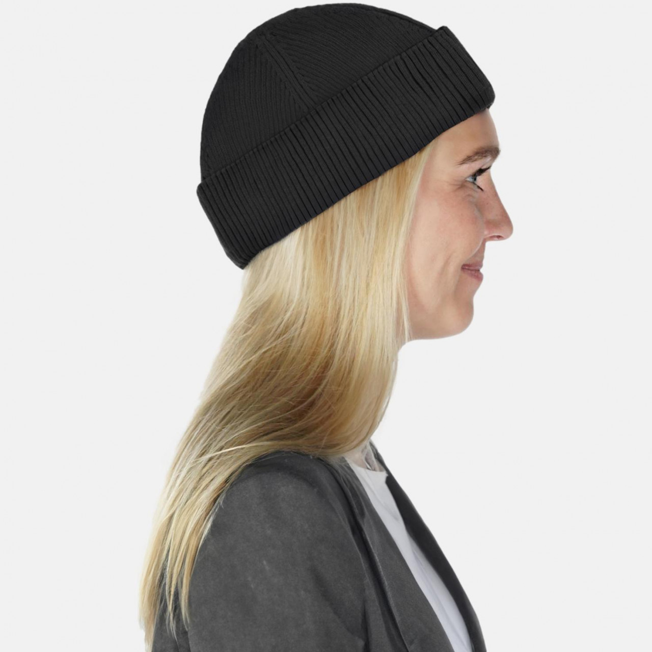 Hanseheld Strickmütze Seebär Rippstrick Schwarz Dockermütze Baumwolle GOTS Organic