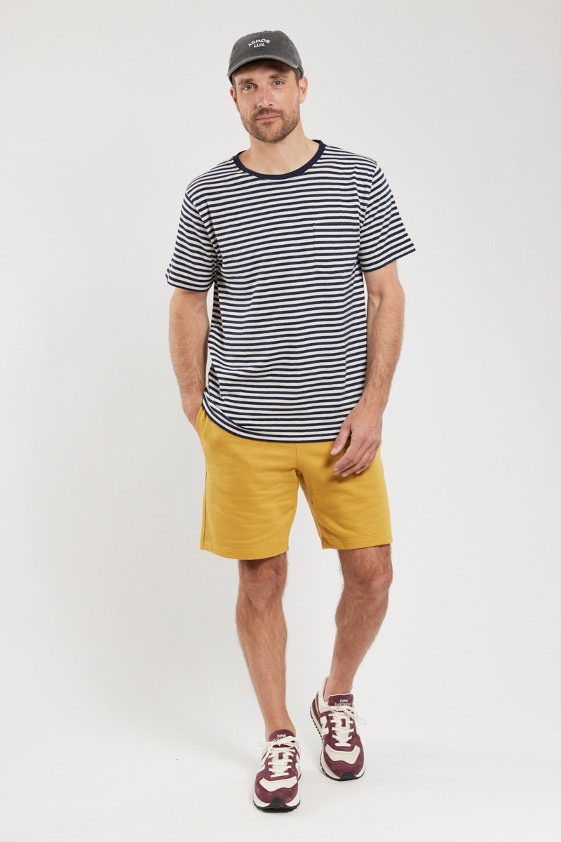 Armor Lux Herren T-Shirt Marine Deep Nature Dunkelblau Beige Gestreift Brusttasche